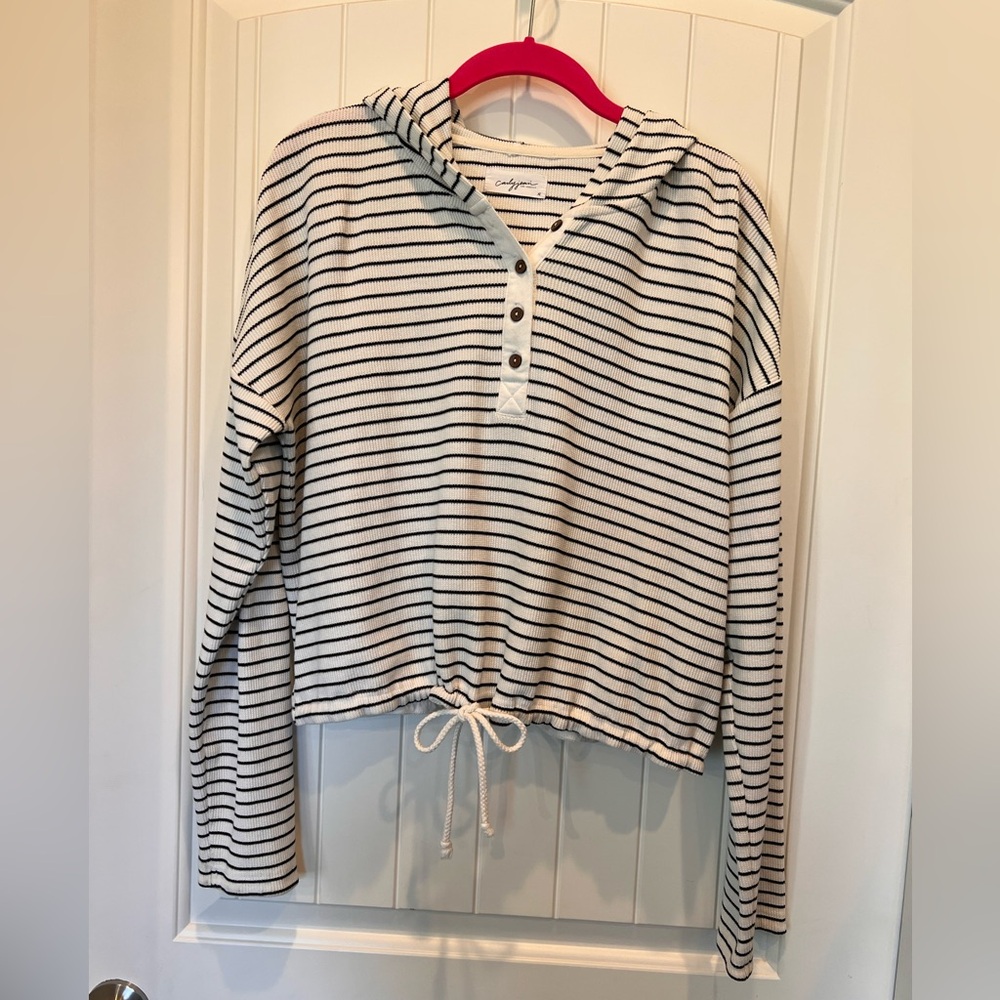 XL Black and White Striped Hooded Henley with Drawstring Pullover Carly Jean LA